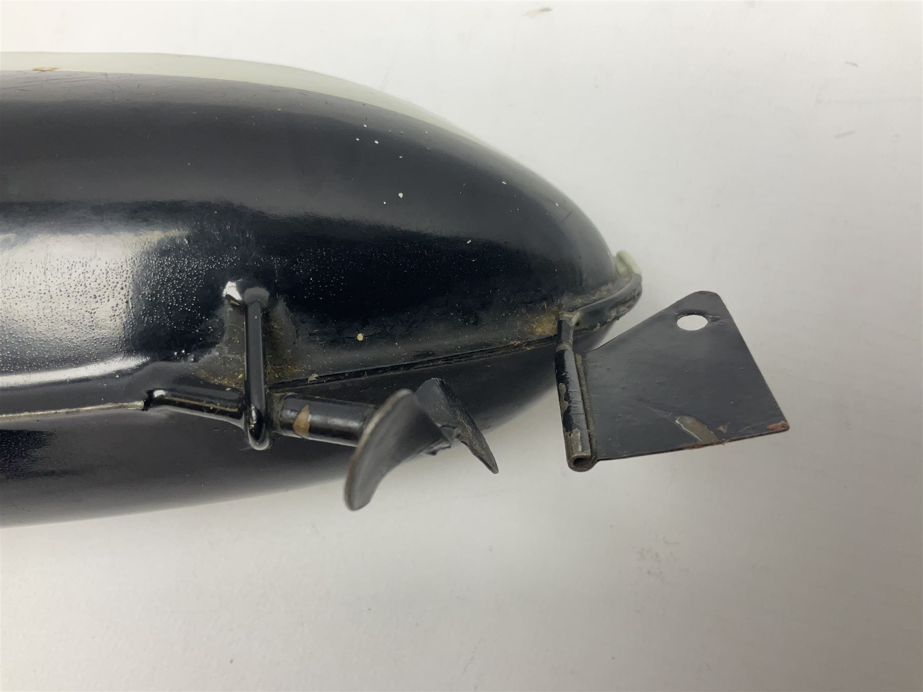 Pre-war Sutcliffe Grenville tinplate clockwork Battleship, with black and grey hull, grey deck and upper decks, propeller and rudder, length 32cm; with manuscript biographical details and two keys, unboxed