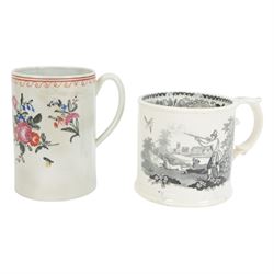 18th century pearlware mug, decorated with floral sprigs, together with 19th century miniature chamber pot printed with the verse and other 19th century ceramics 