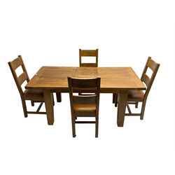 Light oak rectangular extending dining table with leaf (W180cm, D90cm, H79cm); together with four dining chairs