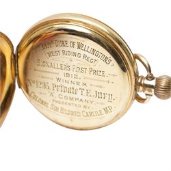 Gentleman's half hunter pocket watch with white dial and seconds dial inscribed '5th Battn. Duke of Wellington's West Riding Regt Signaller's First prize 1912' in gold plated case