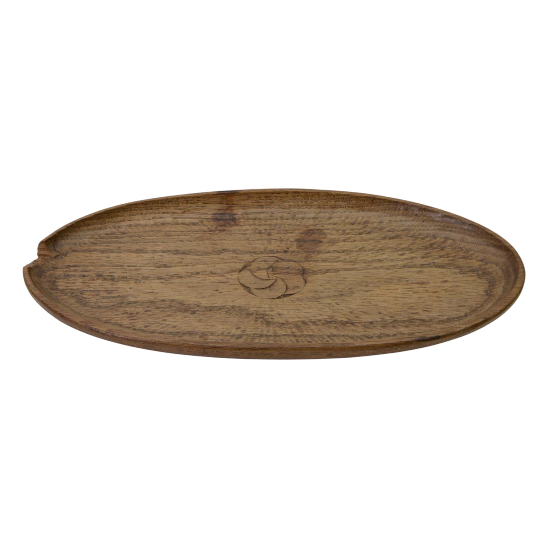 Gnomeman - tooled oak dish, carved with rose motif to the center, carved beneath with gnome signature, by Thomas Whittaker, Littlebeck, L36cm