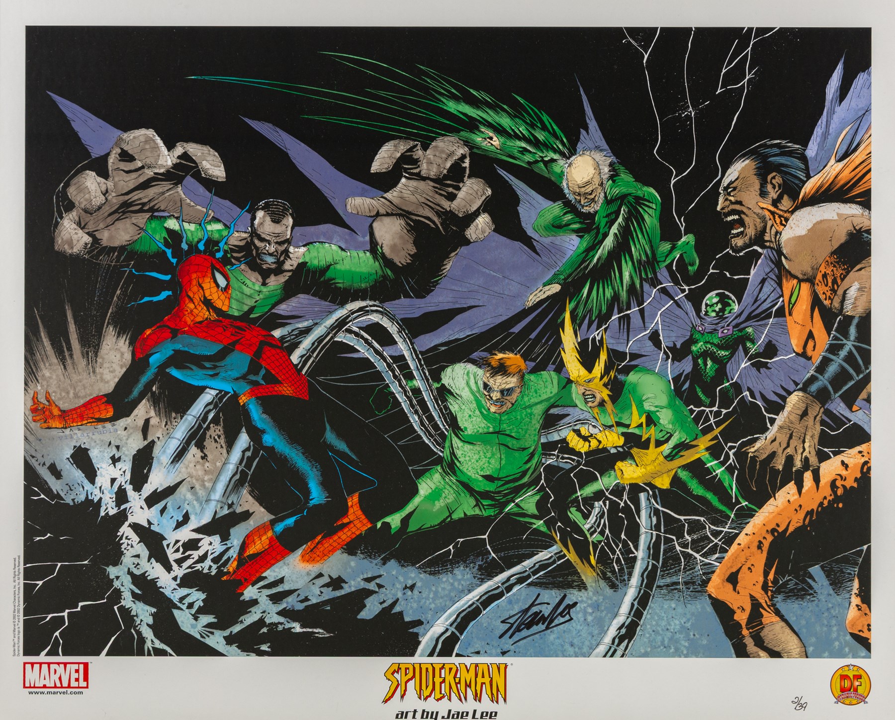 Limited edition signed lithograph 'Spider-Man vs. Sinister Six' signed by Stan Lee, artwork by Jae Lee, limited edition no. 2 of 39, framed with Dynamic Forces certificate of authenticity, artwork H37.5cm, W50cm