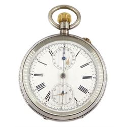 19th century Swiss silver open face keyless chronograph pocket watch, white enamel dial with Roman numerals, centre seconds and thirty minute recording dial, over constant seconds outer minute ring, plate signed 'The Newmarket', case No. 39585, makers mark K&Co, Swiss hallmarks, in fitted silk and velvet lined case by Cooke & Kelvey, Calcutta & Simla, back paper dated 1895