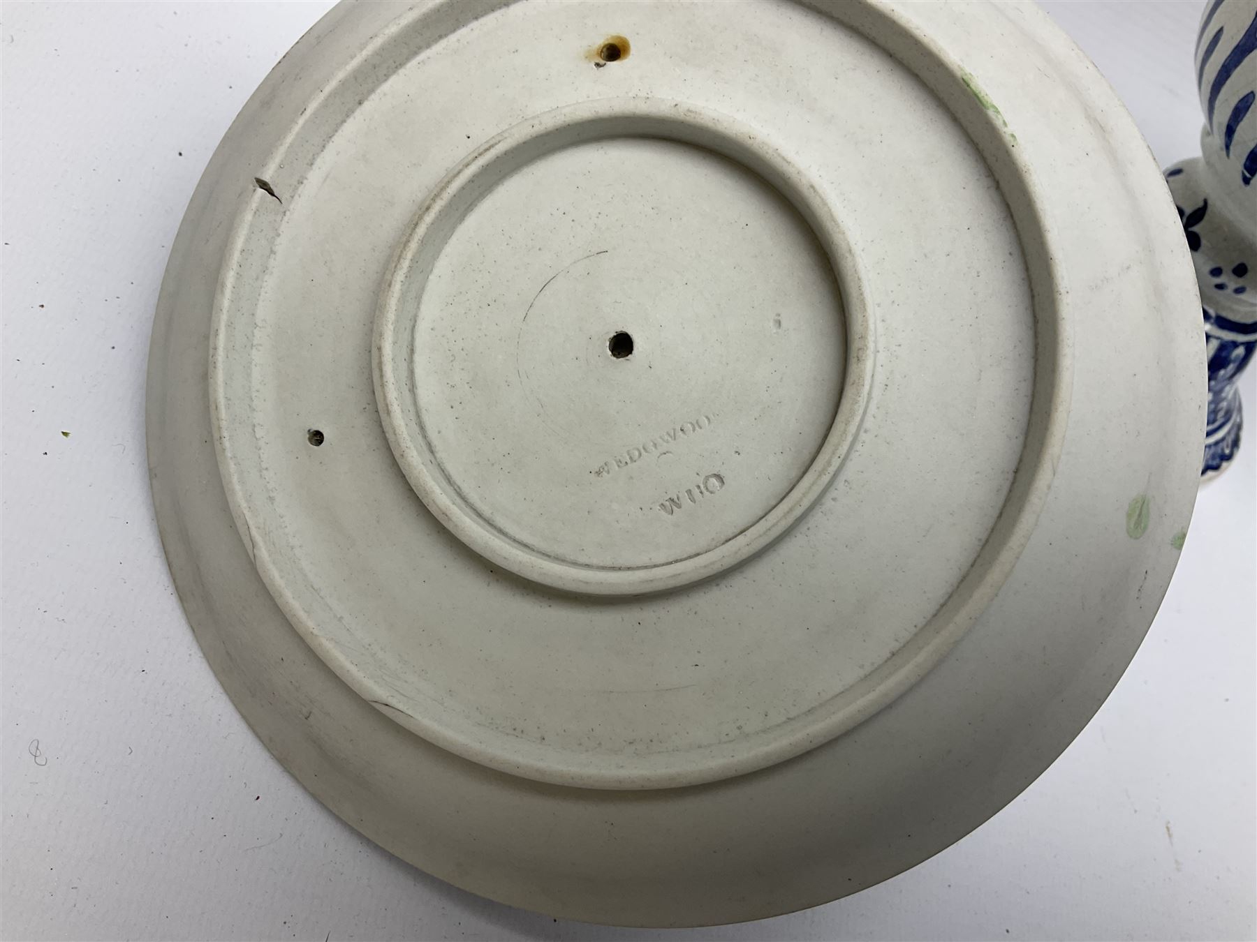 Wedgwood jasperware chamber candlestick, together with blue and white ceramic tankard, footed jug, art glass basket etc