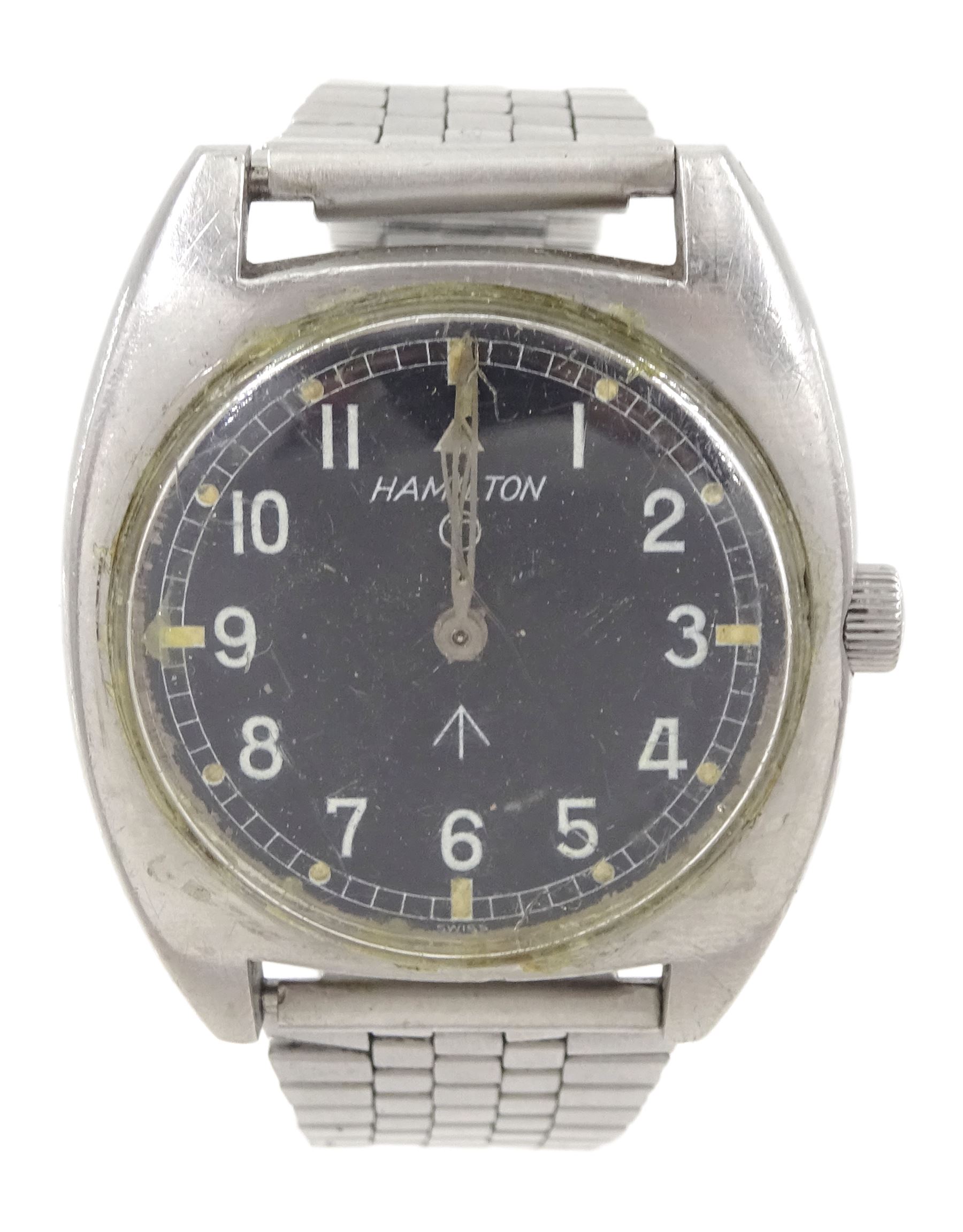 Hamilton military stainless steel wristwatch, back case No. 523-8290 W10-6645-99 22292/73, on stainless steel bracelet