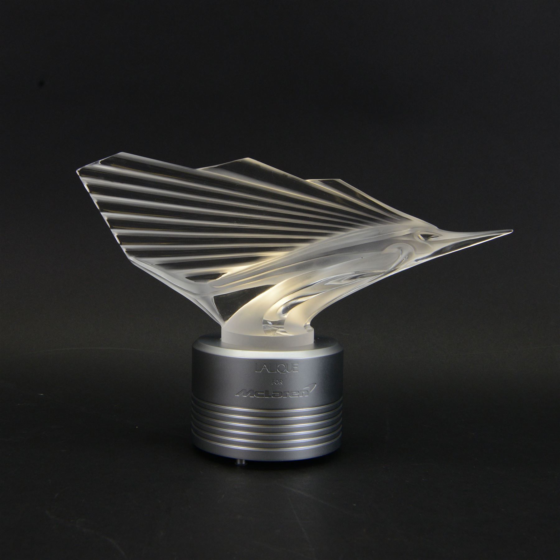 Lalique Sailfish mascot, from the  Essence of Speed collection in collaboration with McLaren in 2020, with a lightbox stand marked Lalique for McLaren, limited edition 73/375, with certificate and original box  
