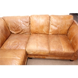  Four seat corner sofa upholstered in tan leather, W230cm  