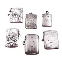 Six silver vesta cases, to include Victorian example embossed with pair of horses and riders to either side, hallmarked Birmingham 1881, no maker's mark, an Edwardian example engraved with initials GE, hallmarked John Millward Banks, Chester 1901, and a modern example with embossed with a phoenix to either side, stamped 925 Sterling, etc 