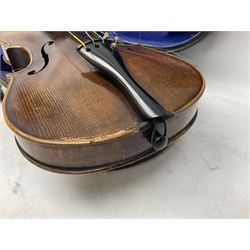 German violin c1920 with 36cm one-piece maple back and ribs and spruce top, bears label 'Copy of Nikolaus Amati Made in Germany' L59cm overall; in ebonised wooden carrying case with two bows