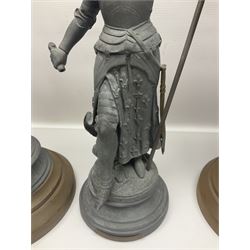 Pair of spelter figures modeled as Cavaliers, together with a spelter figure of Joan of Arc, largest H52cm