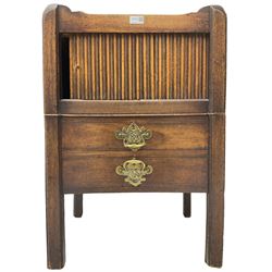George III mahogany tray top night commode with pierced handles, fitted with tambour door over single commode drawer