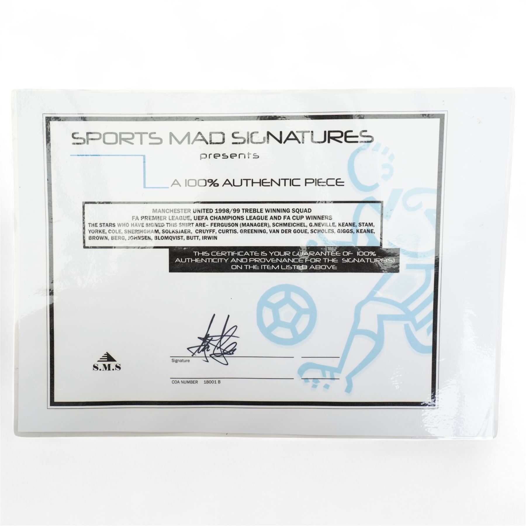 Manchester United 1998/99 treble winning squad Umbro shirt with signatures in silver pen and with certificate