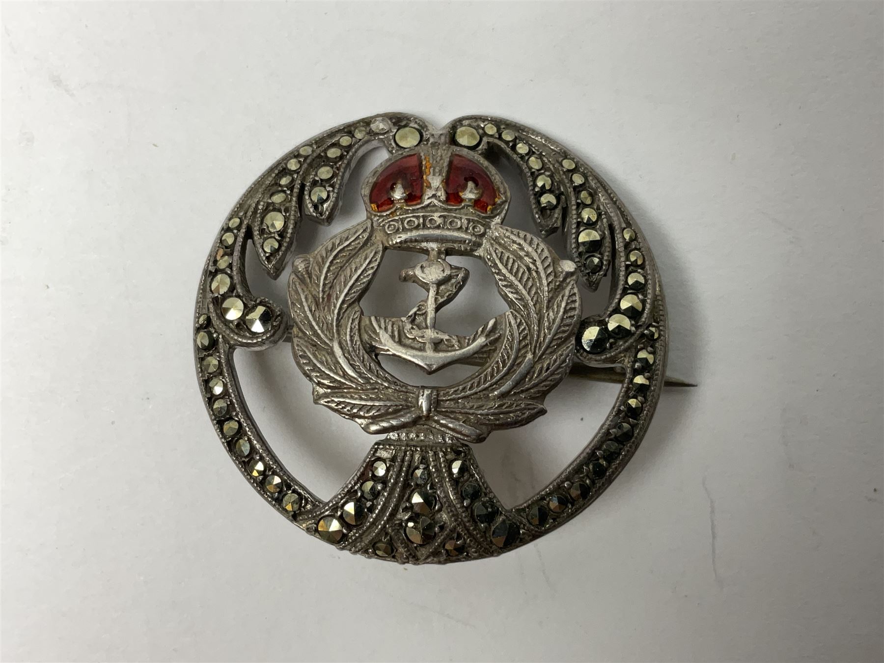 Five silver sweetheart brooches - Royal Artillery with marcasite, Naval with marcasite, George VI Royal Engineers with tortoiseshell, Royal Marines Gibraltar with enamel and South African General Service with blue enamel (5)