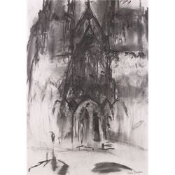 Honor Brogan (British Contemporary): 'Lichfield Cathedral - West Front', charcoal signed, ...