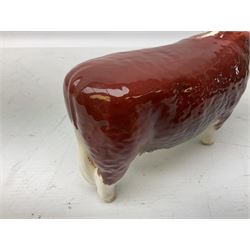 Three Beswick models comprising Hereford Bull no 949, 'CH Cutmil Cupie' Pug, and bay Shire horse, all with printed marks beneath