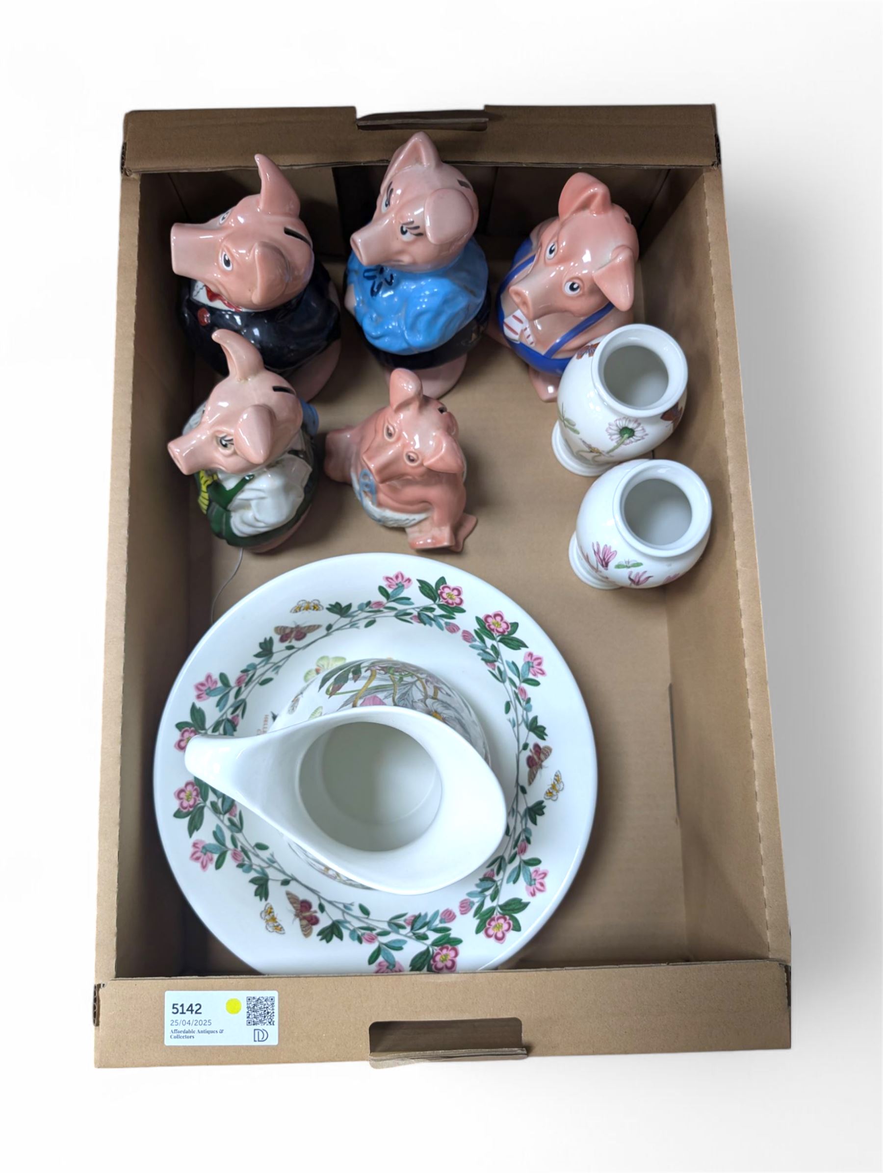 Portmeirion Botanic Garden jug and bowl and pair of vases; and five Wade NatWest money bank pigs