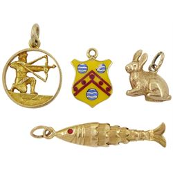Gold articulated fish charm and gold enamel coat of arms, both 18ct and two 9ct gold rabbit and man with bow and arrow charms, all tested or hallmarked