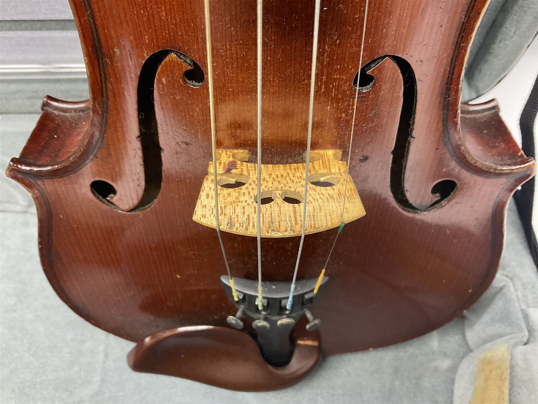 Early 20th century French Mirecourt violin with 35.5cm two-piece maple back and ribs and spruce top; bears label 'The Garrodus Violin H & Co No.1587 Anno 1912' L59cm overall; in modern fitted case with bow