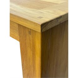 Laura Ashley - contemporary Milton oak display cabinet, featuring single door with two glass panels and pewter effect handle, enclosing one fixed oak shelf and two adjustable glass shelves, access hole at the bottom shelf, over single drawer with matching handle, on square legs