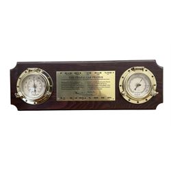 Early 20th century French carriage clock and a 20th century mounted barometer and thermometer, with a 20th century automobile clock inserted in a later mahogany case.
