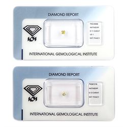 Two certified loose fancy coloured diamonds one round brilliant cut 'fancy light yellow' of 0.13 carat, the other cushion cut 'fancy intense brownish yellow' colour of 0.11 carat, with International Gemological Institute Certificates