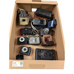 Collection of vintage cameras, including two V Twin with Bloomed Belco Lens, Ensign Ful Vu...