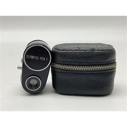 Olympus Pen FV camera body, serial no. 120981, with 'Olympus F.Zuiko Auto-S 1:1.8 f=38mm' lens, serial no. 251523, 'Olympus Zuiko Auto-zoom1:3.5 f=50-90mm, serial no. 135752 and clip on shoe