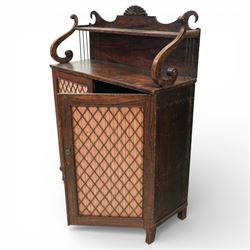 Regency simulated rosewood chiffonier, with shaped scroll supports and shell carved cresting, over a pair of panelled doors inset with diamond lattice glazing, enclosing a shelved interior, raised on short turned feet