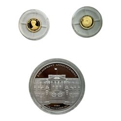 Two miniature 14ct half gram gold medallions from the 'History of our Monarchy' collection, 'The Royal Engagement 27th November 2017' one ounce silver commemorative medallion, Bank of England 'Jane Austen' Cleland ten pound banknote 'CA40' and Cleland ten pound note 'CA31' with 2017 two pound coin