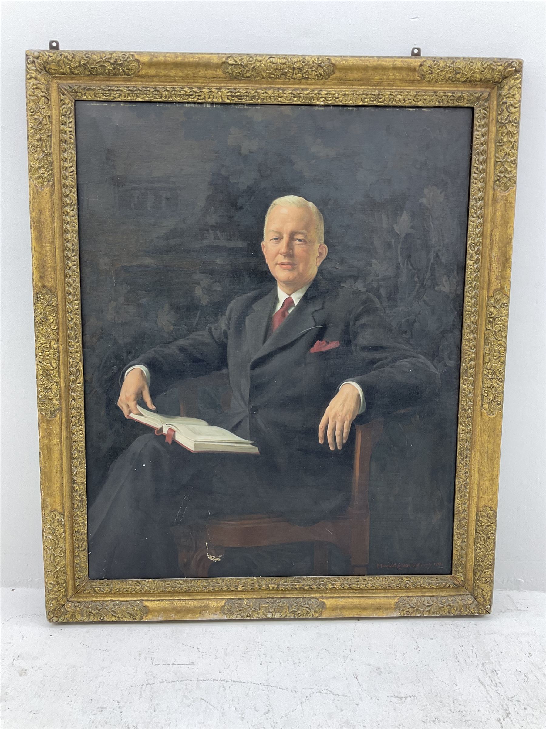 Margaret Lindsay Williams (1888-1960): Three-Quarter Length Portrait of a Gentleman Holding a Book, oil on canvas signed and dated 1955, 129cm x 100cm
Notes: Margaret Lindsay Williams was a notable portrait painter of members of the Royal Family and Politicians