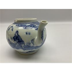 Two late 18th/early 19th century Chinese export teapots, the largest example of globular form with curved handle and straight spout, decorated in the Mandarin style with figural scenes surrounded by red scale reserves, H13.5cm, the second smaller example decorated in underglaze blue with two musicians in a landscape set with willow tree and fence, H10.5cm

