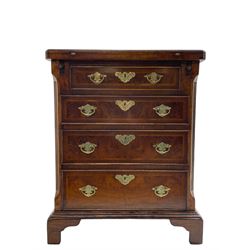 Burr and figured walnut bachelor's chest, hinged moulded top with feather banding and inlaid central star motif, canted and fluted uprights enclosing four graduating drawers, shaped brass handles with foliate decoration, lower mould over bracket feet