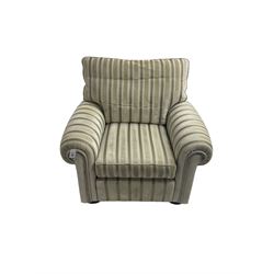 Duresta - 'Waldorf' armchair, in neutral striped fabric, on compressed bun feet