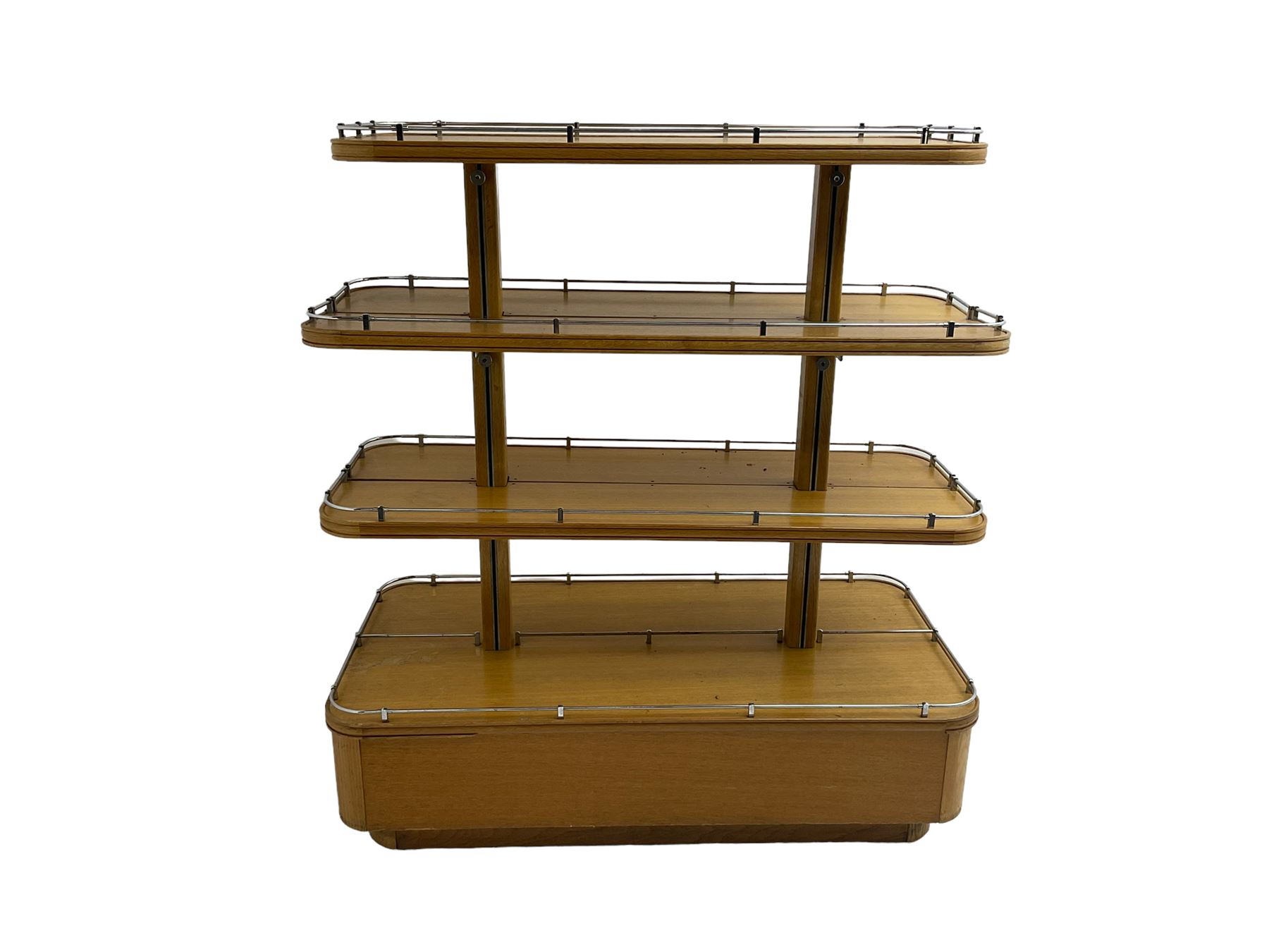 Early to mid-20th century Art Deco design oak shop display stand, fitted with four tiers, the middle two adjustable, with chrome gallery 