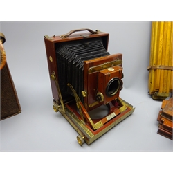  Thornton-Pickard mahogany and brass Half-Plate Imperial Triple-Extension Camera, with R & J Beck 7.2in Isostigmar f5.8 No.117520 lens in box and five plate holders in case, with boxed Ilford Imperial and Kodak plates and brass mounted oak tripod,   