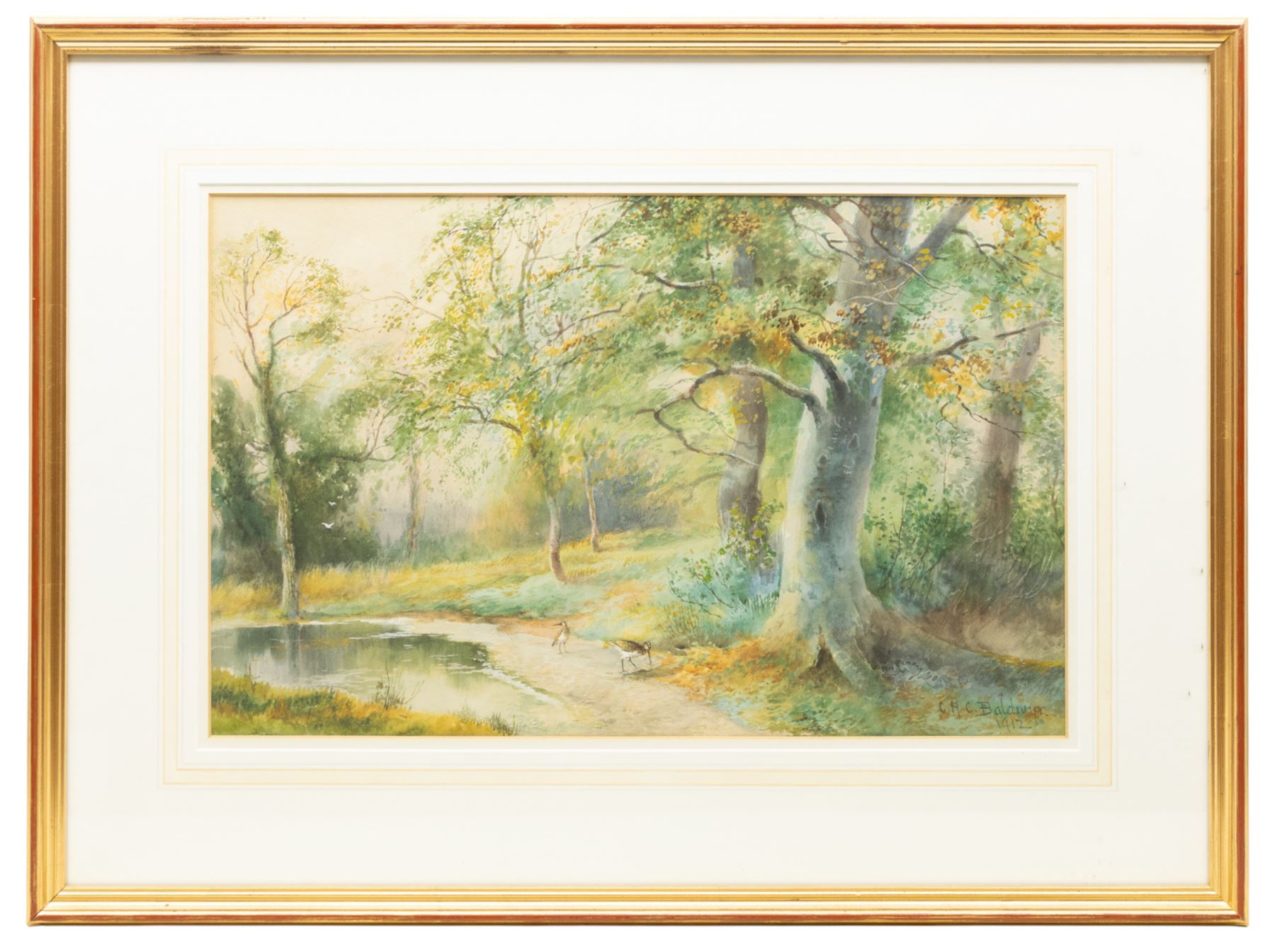 Charles Henry Clifford Baldwin (British 1849-1943): Woodland Lake Scene with Birds and Pheasants, set three watercolours signed max 45cm x 29cm (3) 
Notes: Baldwin was a longstanding artist for Royal Worcester