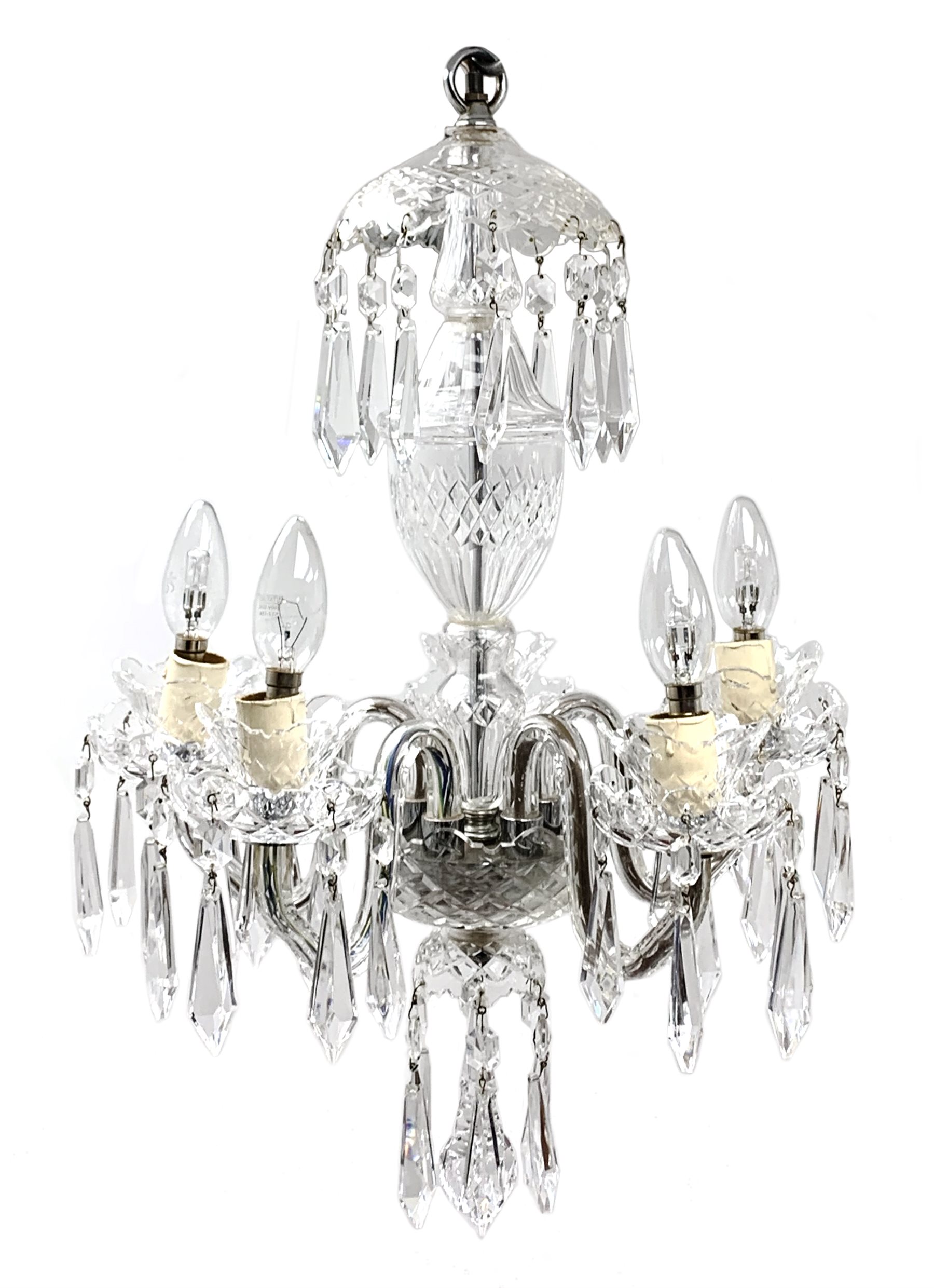 A 20th century Waterford crystal chandelier, the central baluster stem with domed corona, supporting five curved branches with drip pans hung with pendant droplets, approximately H59cm 