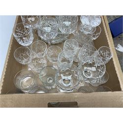 Quantity of glassware to include silver plate mounted claret jug decorated with bird upon flowering branches, Stuart decanter, various drinking glasses and flutes, Caithness vase, Swarovski, boxed Princess Crystal glasses etc in two boxes