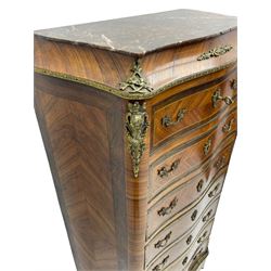 Mid-20th century Louis XVI design Kingwood and walnut secretaire à Abattant, shaped serpentine form with dark rouge variegated marble top, the fall front disguised as three drawers enclosing birdseye maple interior with shelf, drawers and writing surface, four functioning drawers below, decorated with cast gilt metal mouldings and mask cartouches, on skirted base with egg and dart moulded gilt metal edge