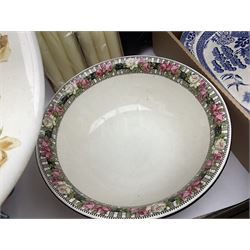 Blue and white meat platter and a similar blue and white meat draining plate, together with a pink ceramic floral jug and bowl, three packs of church candles and a wooden screen, etc 