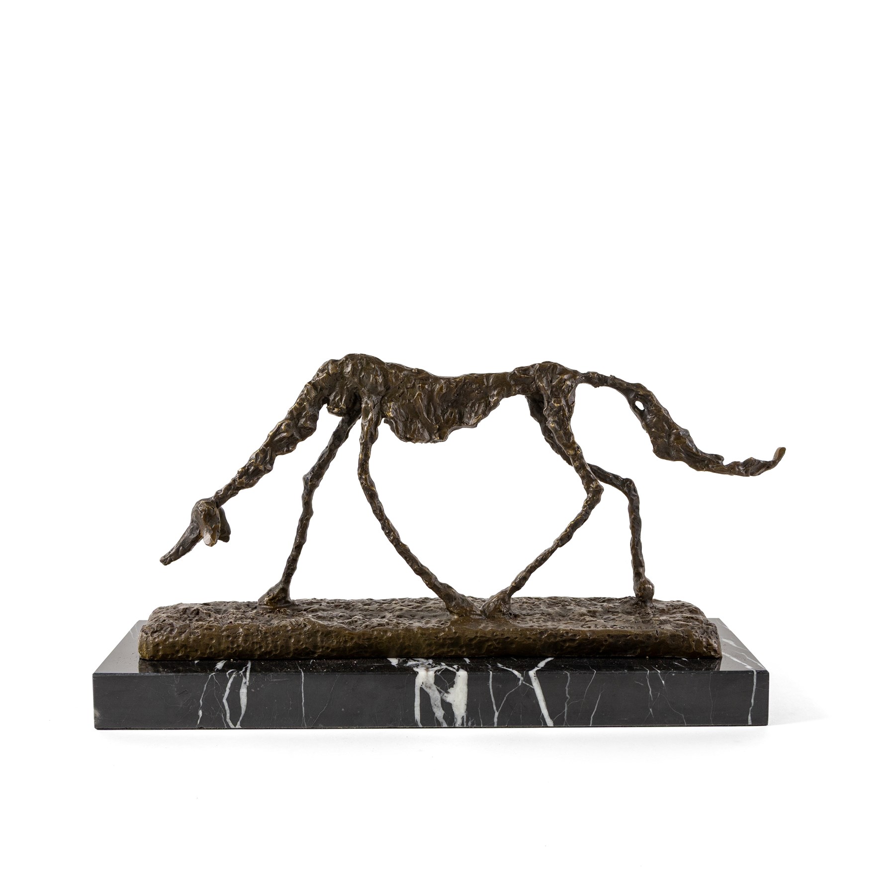 After Giacometti, bronze figure The Dog, on rectangular marble base, H22cm, L42cm