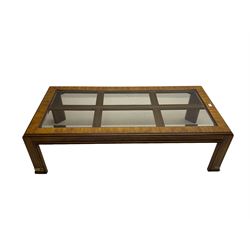 Rectangular walnut finish coffee table, inset bevelled glass top 