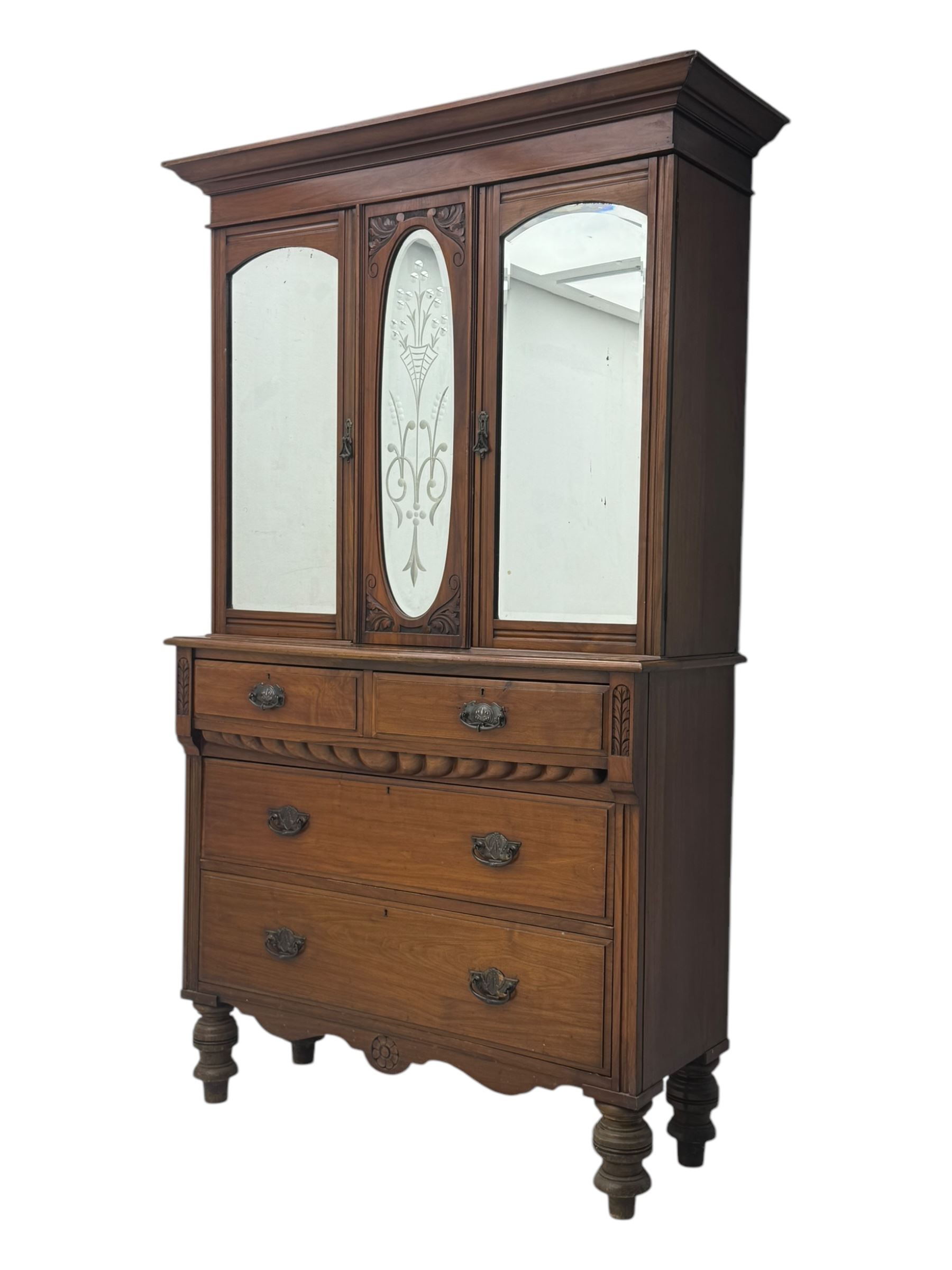 Victorian walnut dresser, projecting cornice over mirrored front, fitted with two short over two long drawers, on turned feet