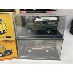Corgi - eighteen modern die-cast models including racing cars, Land Rovers, Thornycroft Box Van, Ford Transit and Bedford Vans, Minis, Last Routemaster bus, two Trackside DIYCAST sets etc; all boxed (18)