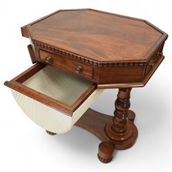 William IV mahogany work table, the octagonal top with ebony line inlay and dentil moulded edge, fitted with four small drawers to the frieze, above a silk-pleated sliding work basket, all raised on a turned column supports and shaped platform base with rounded feet, circa 1835