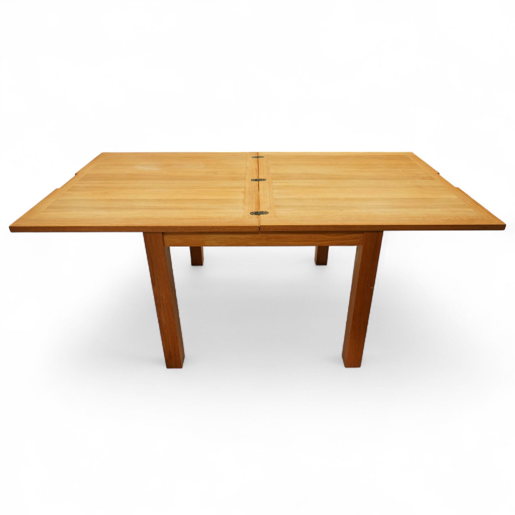 Laura Ashley - contemporary dining suite, comprising square extending oak veneered dining table with fold out leaf, together with four high back dining chairs upholstered in cream faux leather with pale wood legs