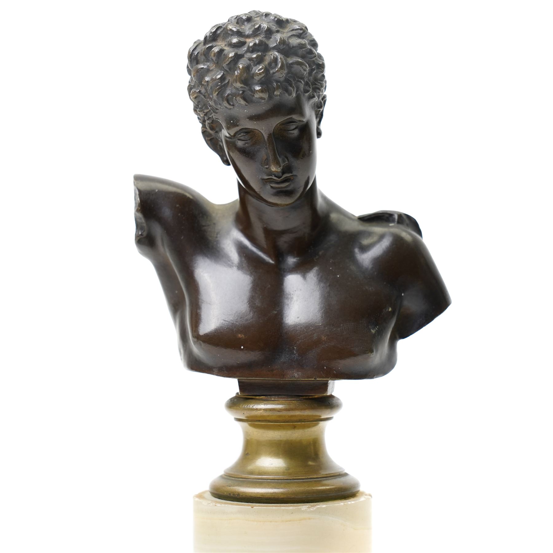 After the Antique - Eugen Börmel (Bormel) (German 1858-1932): a patinated bronze bust of Hermes, the youthful messenger of the gods modelled with idealised features and curling hair, the truncated torso mounted on a classical brass socle and cylindrical marble pedestal, signed to the reverse, H25.5cm