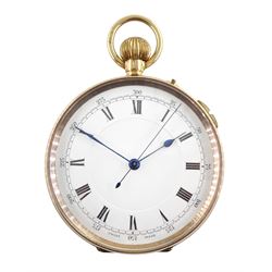 9ct gold open face keyless Swiss lever chronograph pocket watch, white enamel dial with Roman numerals, outer seconds track numbered 25-300, case by Stockwell & Co, London import marks 1919