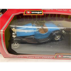 Nine 1:18/1:24 scale die-cast models - two Foxtons Mini Coopers; Road Legends Shelby Cobra; Maisto Mustang Mach III; and five by Bburago including Porsche 356B Cabriolet 1961, Chevrolet Corvette Convertible 1998 etc; all boxed (9)