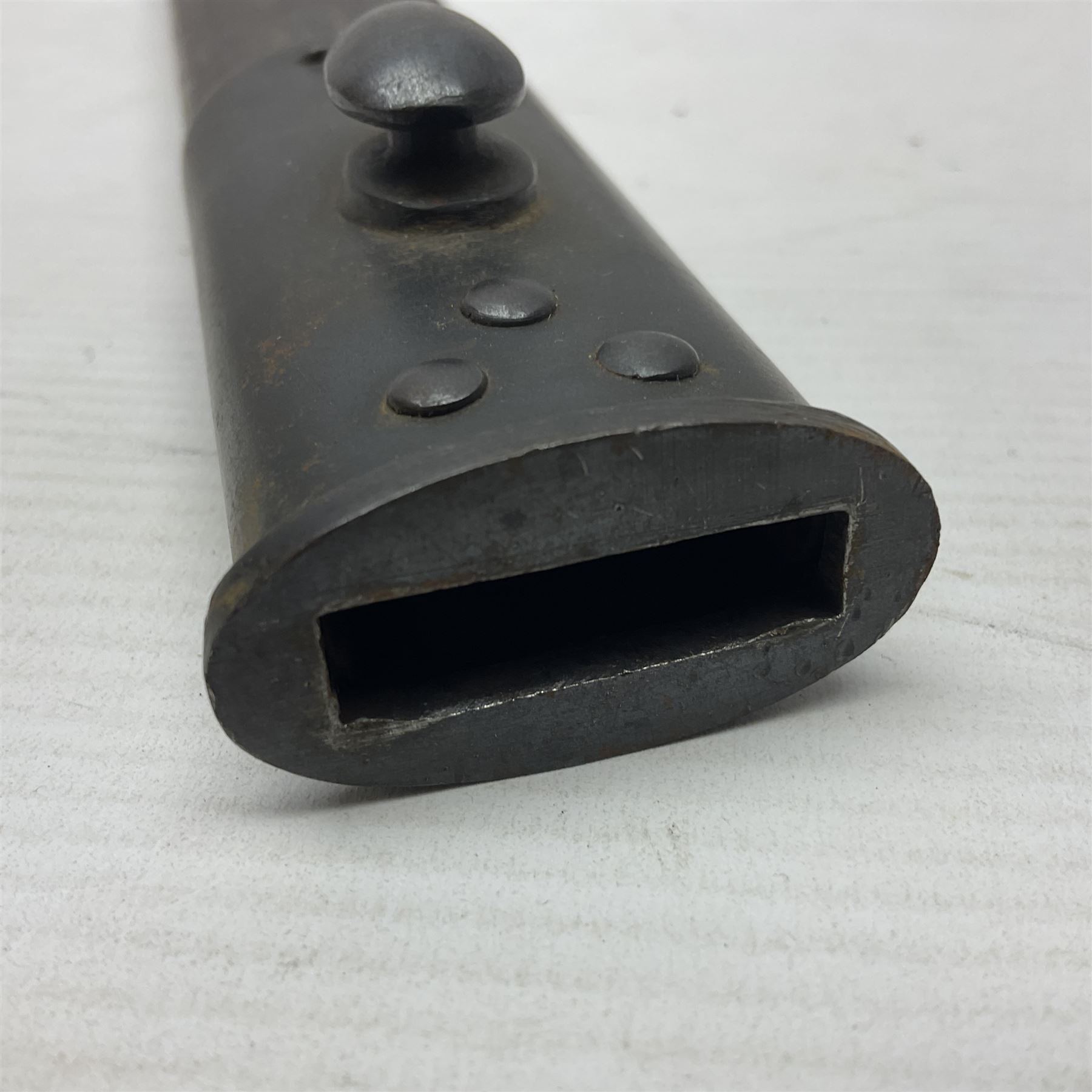 British Pattern 1888 knife bayonet, the 30.5cm double edged blade with raised central medial ridge; in leather covered scabbard L40.5cm overall